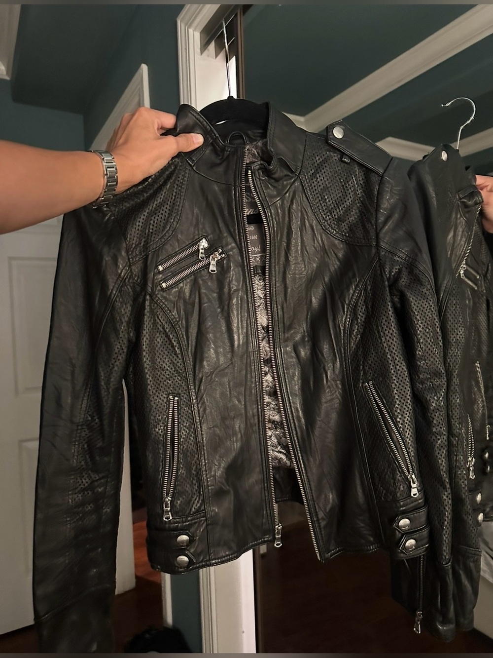 GUESS 100% Leather Women's Black Perforated Faux Leather Moto Jacket